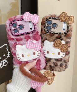 Alternative view of Cute Hello Kitty Leopard Print Furry Plush Winter iPhone Case