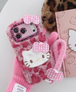 Cute Hello Kitty Leopard Print Furry Plush Winter iPhone Case