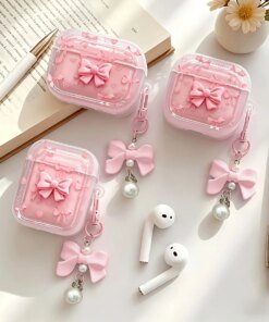Cute Pink 3D Bow AirPods Case with Pearl Pendant Keychain