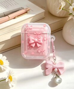 Alternative view of Cute Pink 3D Bow AirPods Case with Pearl Pendant Keychain