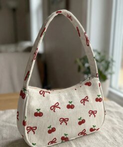 Cherry & Bow Print Beige Corduroy Shoulder Bag