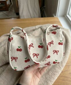Alternative view of Cherry & Bow Print Beige Corduroy Shoulder Bag