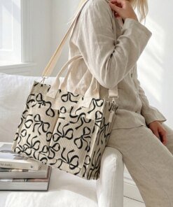Alternative view of Beige Corduroy Tote Bag with Black Bow Print – Large Capacity