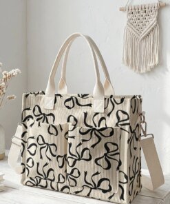 Beige Corduroy Tote Bag with Black Bow Print – Large Capacity