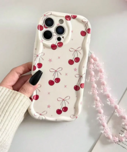 Alternative view of Red Cherry Bow Wavy Cream-Edge iPhone Case with Pink Beaded Strap