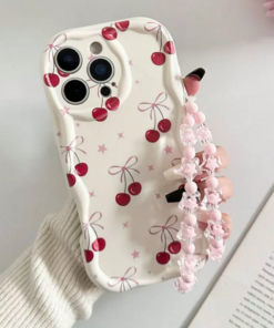 Red Cherry Bow Wavy Cream-Edge iPhone Case with Pink Beaded Strap