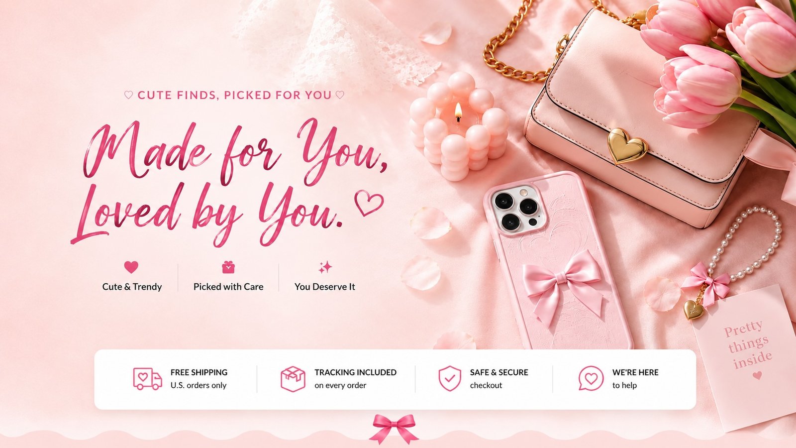 GirlsBranch pink homepage banner with fashion accessories, free U.S. shipping, tracking included, secure checkout, and customer support